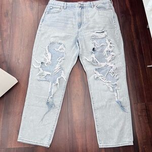 American Eagle Light Wash Mom Jeans with Large Rips